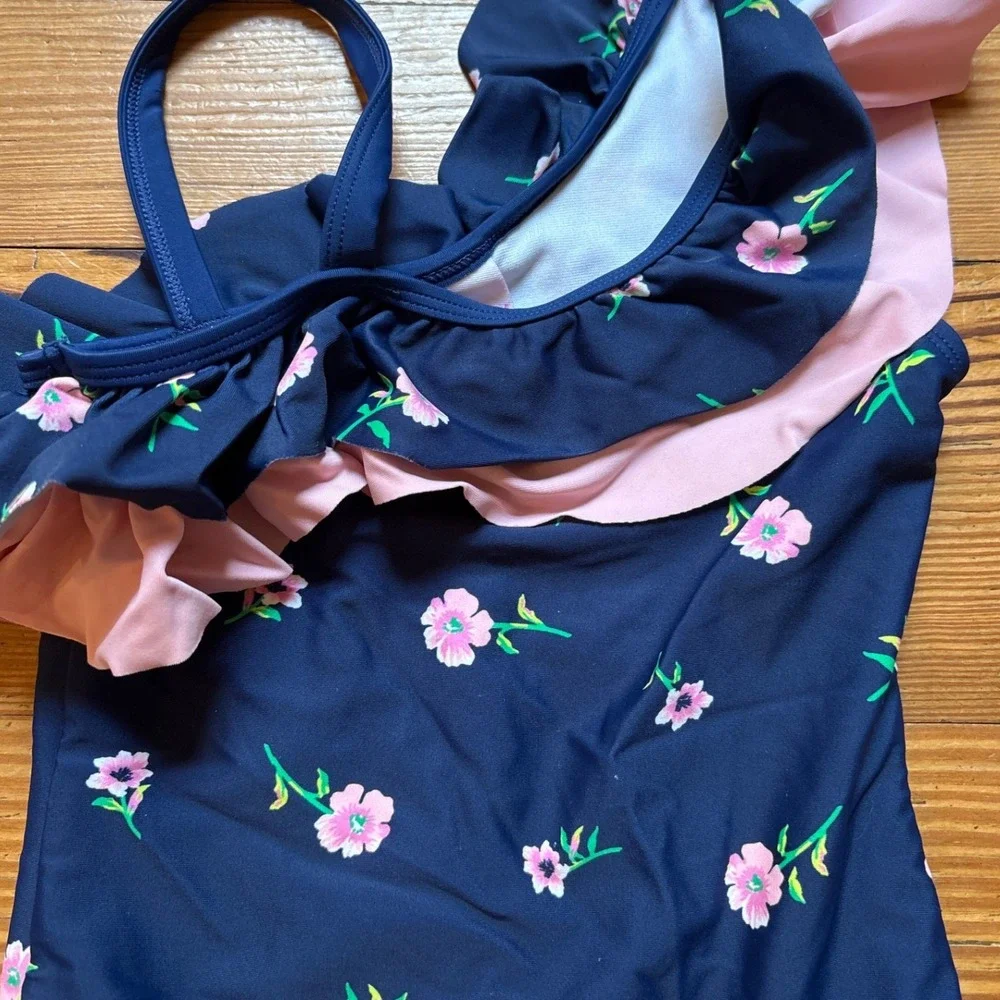 Kami Swimsuit Kids Navy Blue Excellent Floral One Shoulder Ruffle‎ SIZE 6